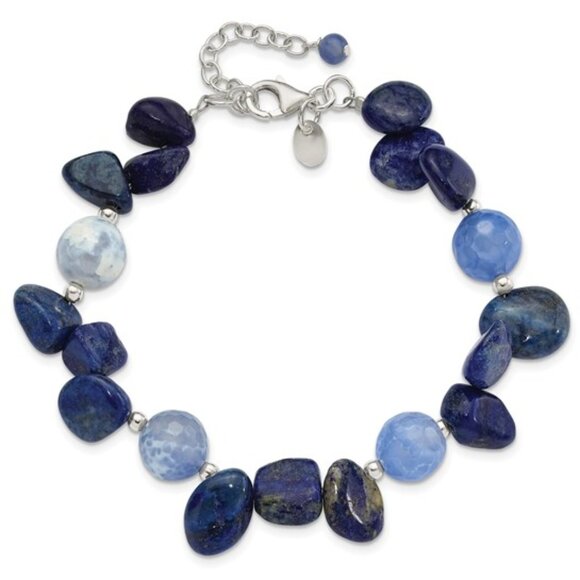 925 Sterling Silver Agate with Shell, Lapis and Sodalite Bracelet w 1 inch ext. - Picture 4 of 6